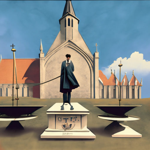 realistc image of Søren Aabye Kierkegaard infront holding a balance