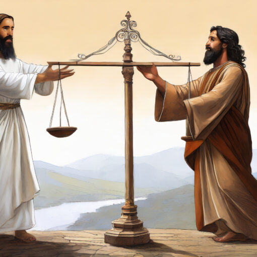 Barrabás e Jesus segurando uma balança