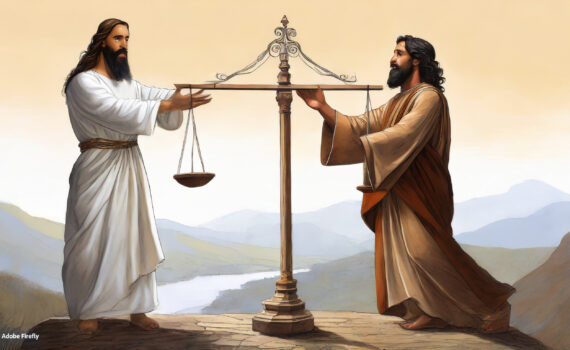 Barrabás e Jesus segurando uma balança